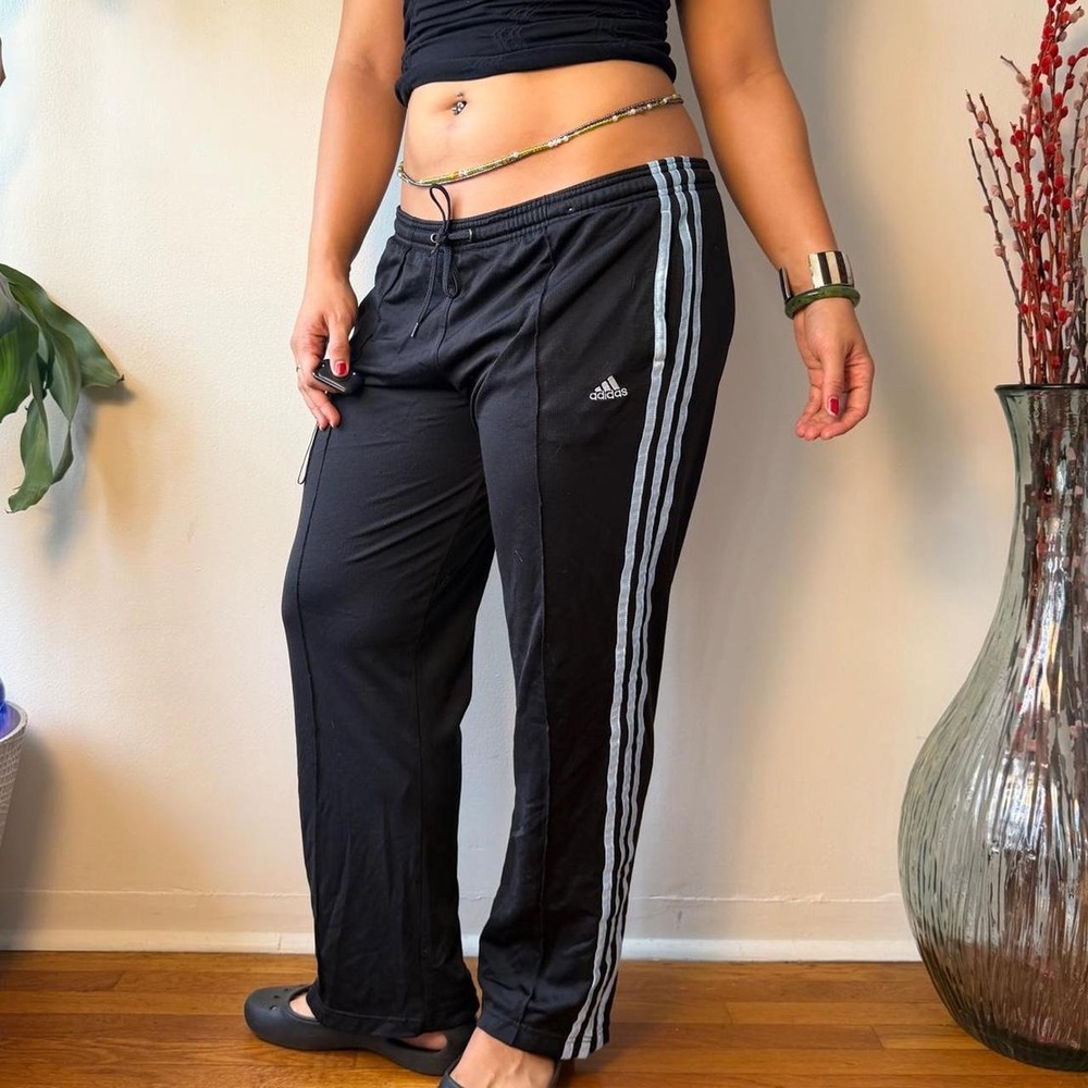 Adidas Vintage 2008 Y2K Black Teal 3 Stripe Wide Leg Track Pants Mens L
